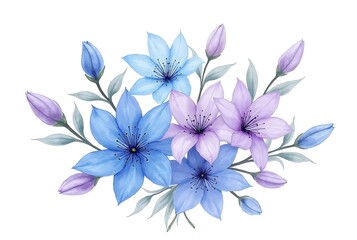 Elegant watercolor floral bouquet featuring blue and lilac flowers with soft leaves and artistic brush textures – perfect for wedding invitations, greeting cards, packaging, and feminine decorative de