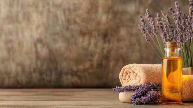 This serene composition includes a bottle of lavender essential oil beside rolled towels and fresh lavender, evoking a sense of peace and relaxation for wellness routines.