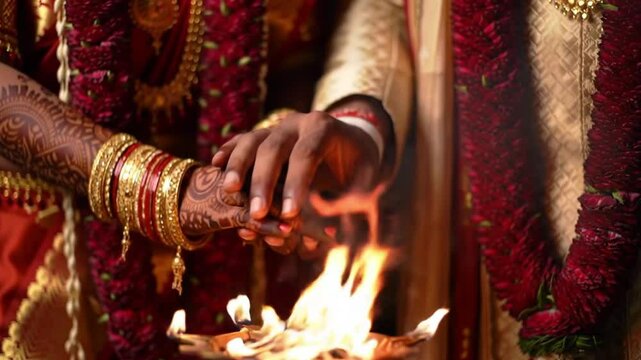 Dulhan radiant in her finery offers sacred rice with her groom in a hindu wedding fire ceremony. Ideal for wedding, cultural, and festive concepts.