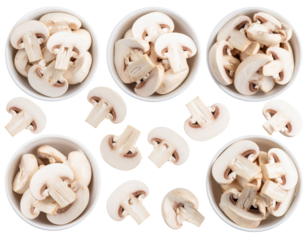  set Dynamic Arrangement of White Champignon Slices in Scattered Bowls, Fresh Look, isolated on a transparent background png