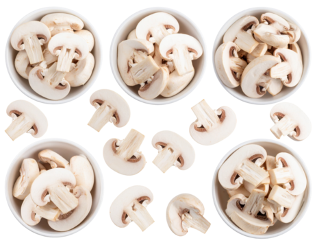  set Dynamic Arrangement of White Champignon Slices in Scattered Bowls, Fresh Look, isolated on a transparent background png