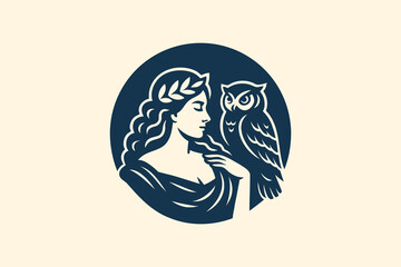Woman and owl emblem in bold silhouette style vector illustration