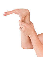 Hands of man with joint hypermobility syndrome isolated on white background with clipping path. Can...
