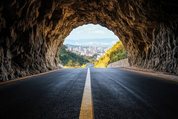 Road tunnel leading to a city view
