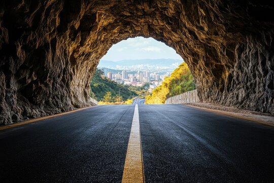 Road tunnel leading to a city view - Powered by Adobe