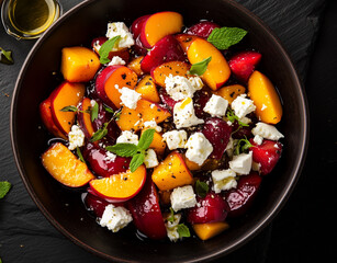 Salad with juicy peaches from a local orchard, soft feta, fresh mint, and natural honey