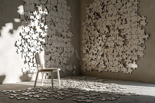 A solitary chair in a room covered in scattered jigsaw puzzles