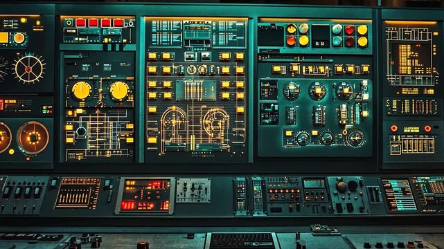 Futuristic Control Panel Interface with Glowing Lights and Complex Data Display