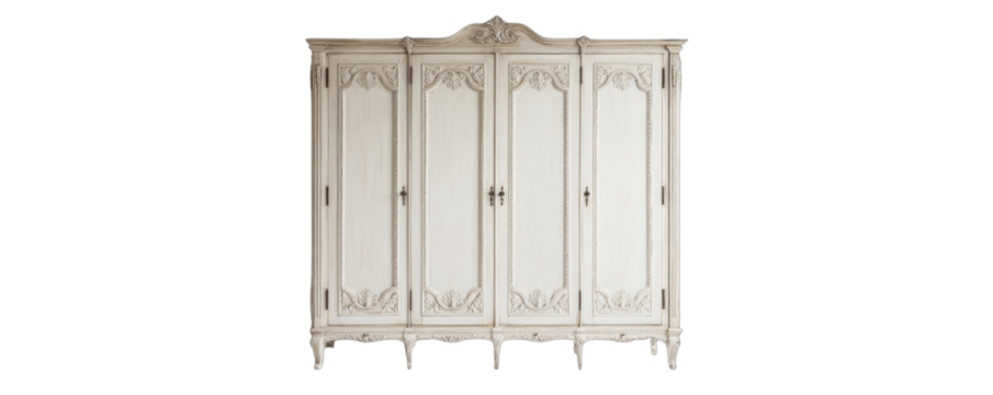 Elegant French-style wardrobe in distressed white wood, featuring intricate carvings and multiple doors ideal for classic bedroom interiors
