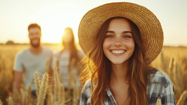 A joyful young woman with a straw hat smiles brightly in a golden wheat field during sunset, surrounded by friends, capturing the essence of warmth and friendship.