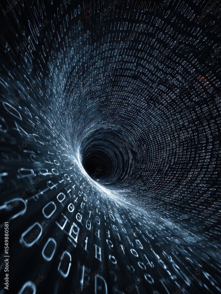 Poster dynamic digital stream of binary code forming twisted tunnel in cyberspace symbolizing high-speed in
