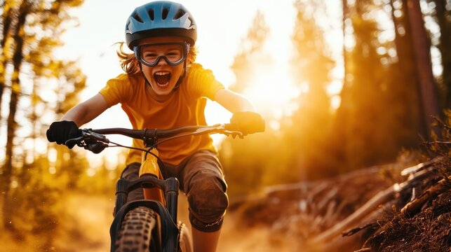 A lively image of a joyful child riding a bike through a sunlit forest, encapsulating the thrill of adventure and the pure joy of childhood exploration in nature's beauty.