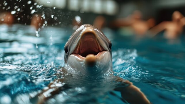 A cheerful dolphin emerges from the water, showcasing its playful demeanor while surrounded by splashes in a serene aquatic environment. The image captures joy and liveliness.