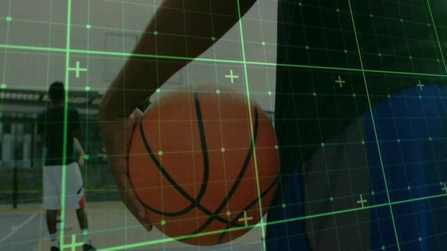 Frame opening starting green grid overlay sweeping while athlete gripping basketball for ball scan