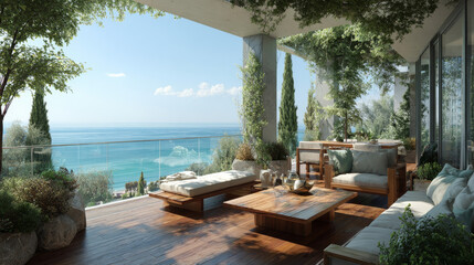 Obraz premium Sunny terrace offering a scenic sea view, capturing the essence of a coastal getaway in Sochi