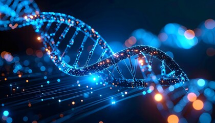 Macro shot of a DNA strand intertwined with fiber optic cables and light particles, symbolizing data flow and digital biology, glowing effects on dark background.