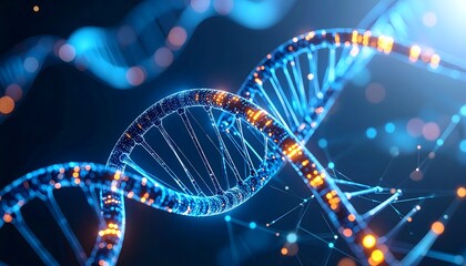 Macro shot of a DNA strand intertwined with fiber optic cables and light particles, symbolizing data flow and digital biology, glowing effects on dark background.
