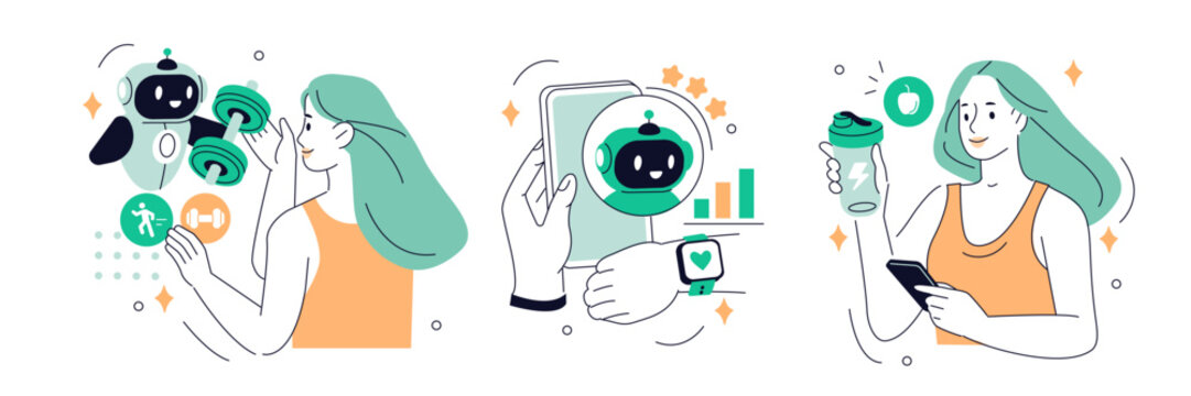 AI coach in fitness. Robot personal trainer. Woman character use artificial intelligence technology tools to create gym training, cardio workout, protein diet. Vector illustration.