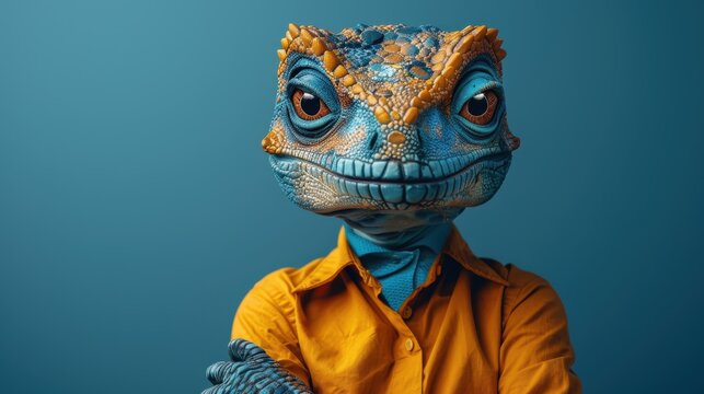 An imaginative portrait of a lizard donning a vibrant outfit and human-like features, blending elements of fantasy and artistic creativity in a strikingly colorful fashion.