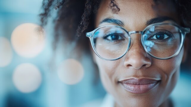 A close-up of a confident woman smiling softly while wearing glasses. Her warm expression conveys assurance and celebrates diversity in a modern, inviting atmosphere.