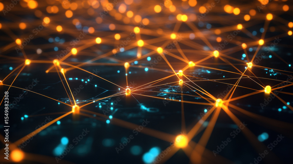Poster Glowing network of interconnected orange nodes and lines over dark background creates futuristic and dynamic digital web effect