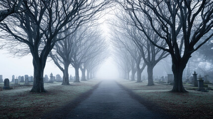 Foggy graveyard path lined with bare trees creates mysterious and eerie atmosphere on cold, misty day