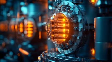 Close-up of a futuristic reactor core with glowing components. Advanced technology, industrial design.