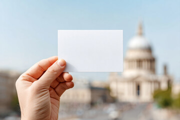 Blank white postcard held by hand with blurred historic building and clear blue sky in background, evoking calm and focus