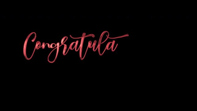 Red cursive congratulations text animation on black background. Suitable for greeting cards, celebratory videos, event announcements, and social media posts.