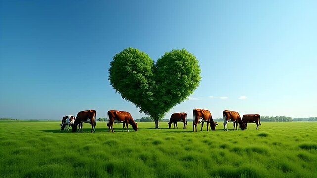 Pastoral Affection: Herd of Cows Forming a Heart Shape in a Green Pasture