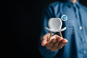 Recruitment with white chair and magnifying glass icons, symbolizing online job applications,...