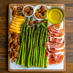Large board with roasted asparagus, slices of prosciutto, pecans, and olive oil
