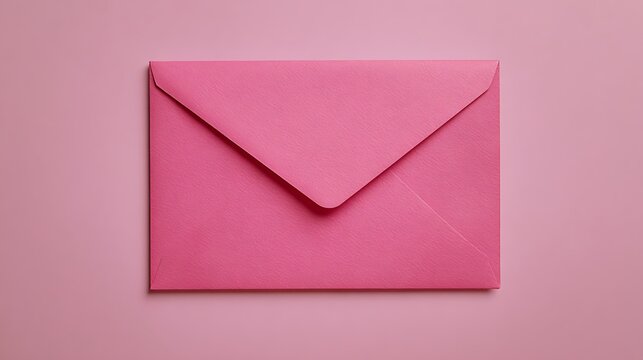 Pink Envelope on a Pink Background, A single, closed pink envelope sits on a solid pink surface.