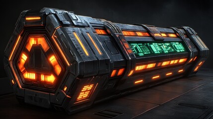 Futuristic metallic container with glowing orange and green lights, hexagonal ends, and digital display.