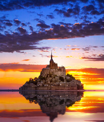 Mont Saint-Michel view in the sunrise light. Normandy, northern France