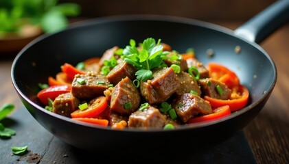 Beef and vibrant vegetables stir-fried in a wok, ingredients, meal, restaurant