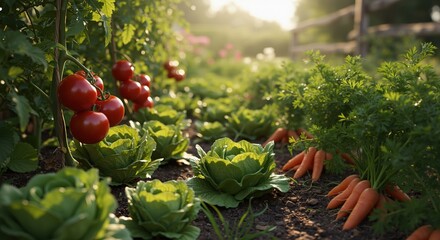 Fresh vegetables growing in garden during sunset  