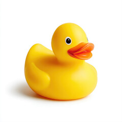 Single yellow rubber duck with orange beak sits on clean white background, evoking playful and cheerful feelings