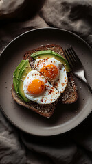 Toast with avocado, poached egg, chili flakes, and sesame seeds.