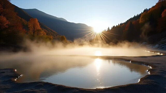 Morning Serenity at Tamagawa Onsen: Autumn Foliage Forest Illuminated by Sunlight and White Steam Rising from Hot Springs in Towada Hachimantai National Park, Japan