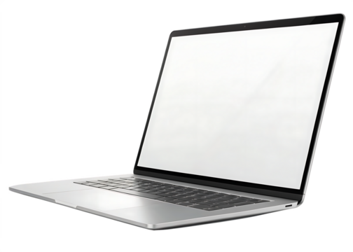 A sleek, modern laptop is presented at a slightly elevated, three-quarter angle against a stark white background
