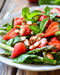 Strawberry and asparagus salad with spinach, mint and almonds