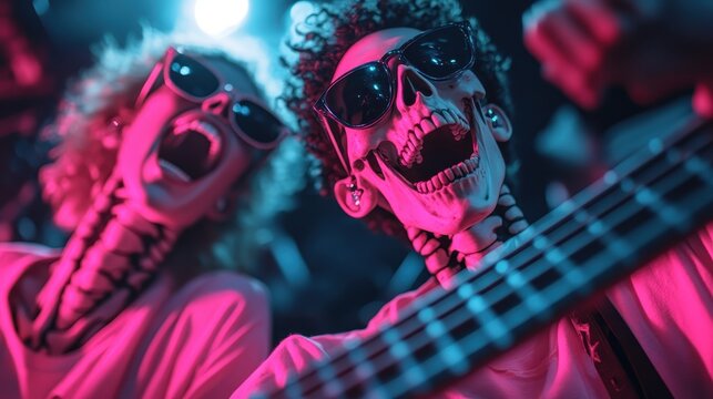 Two lively skeleton figures wearing sunglasses and surrounded by vibrant neon lights, expressing joy and energy, embodying the fun and celebratory spirit of music festivals.