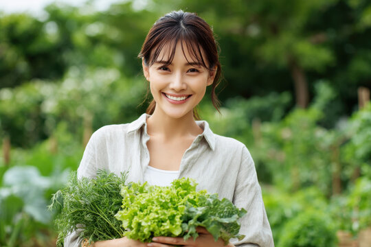 Young Asian woman smiling while harvesting fresh green lettuce and herbs in garden outdoor