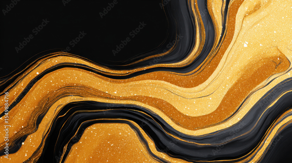 Poster Abstract background of flowing liquid marble texture with gold and black waves creating luxurious and elegant pattern with sparkling details