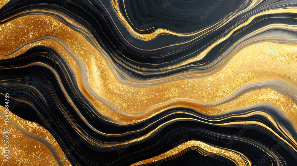 Poster Abstract gold black marble texture with flowing liquid lines and glittering effect creating elegant luxury background