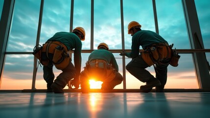 Three construction workers are seen framed against a stunning sunset view, embodying hard work, teamwork, and commitment to building for a brighter future.