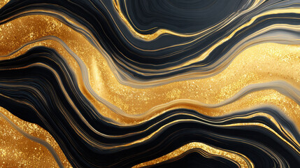 Abstract gold black marble texture with flowing liquid lines and glittering effect creating elegant luxury background