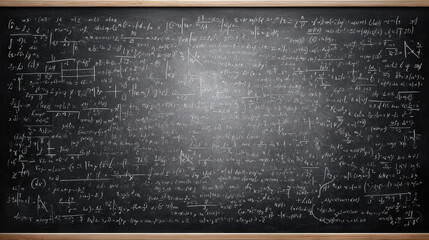 Mathematical formulas and equations densely written on blackboard create abstract and complex academic background full of scientific energy