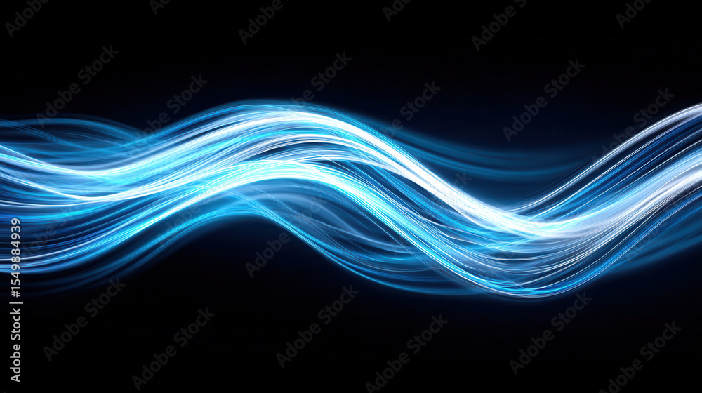 Aufkleber abstract wave of blue and white light trails flowing smoothly on black background creating dynamic e
